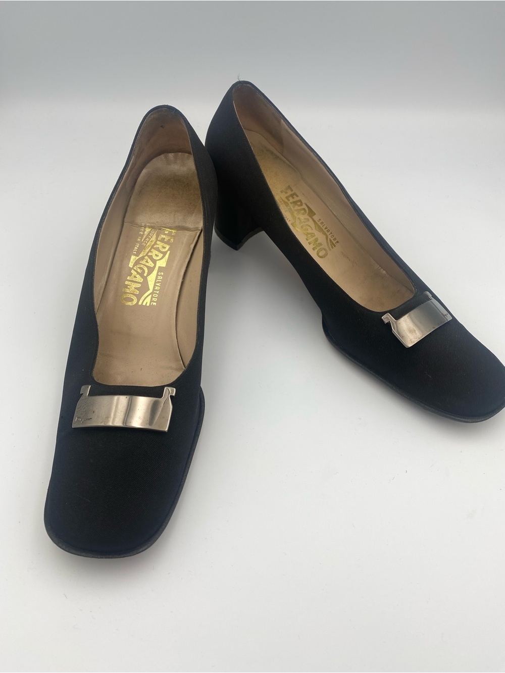 Salvatore Ferragamo Black Velvet Block Heel Pumps with Silver Vara Accent